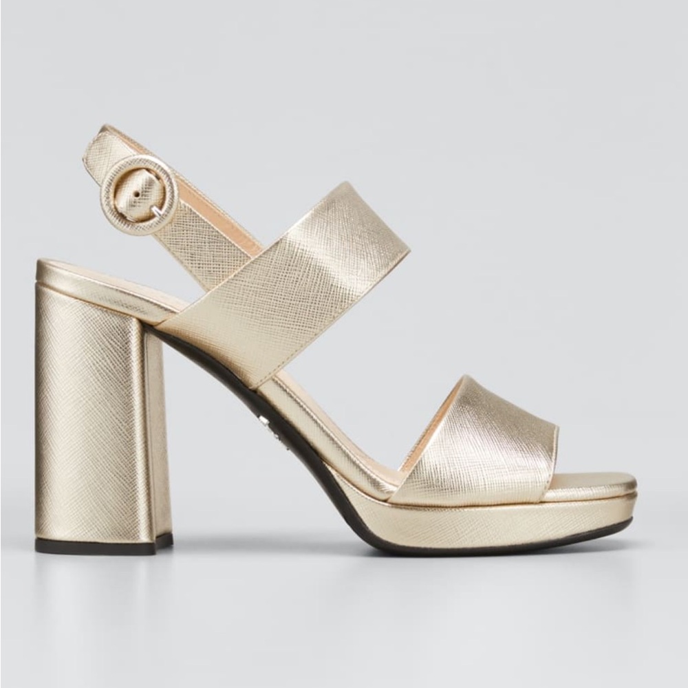 PRADA 95mm Metallic Leather Platform
Sandals in Size 9
